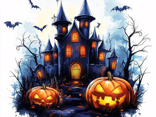 Fototapeta premium Halloween themed illustration of a haunted castle with jack-o-lanterns lining the entrance.