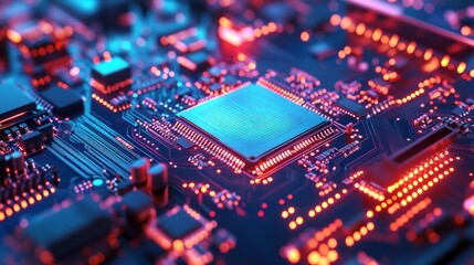 Obraz premium Close-up of a computer processor chip on a circuit board, glowing