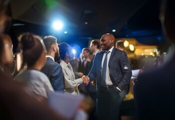 A man and woman shake hands in a dimly lit room, surrounded by other people.