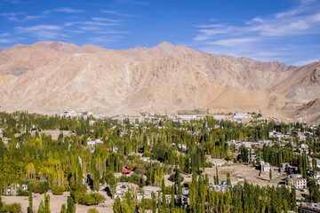Scenic view of city located in cold desert located on the rain shadow area called Ladakh in India
