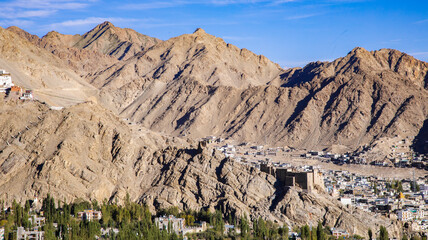 Scenic view of city located in cold desert located on the rain shadow area called Ladakh in India
