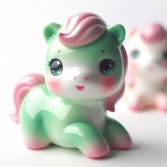 A glossy ceramic cute horse figurine in soft green and pink, with bright eyes, friendly vibe, white background
