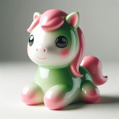 A glossy ceramic cute horse figurine in soft green and pink, with bright eyes, friendly vibe, white background