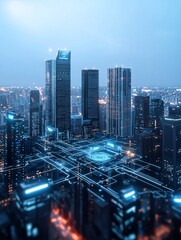 Futuristic cityscape, AI governance, digital control, holographic interfaces