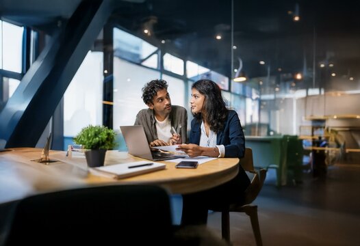 Two people sit at a table in an office, looking at each other, with a laptop open and paperwork.