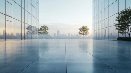 Fototapeta premium Empty plaza between two modern glass buildings with a cityscape in the background.