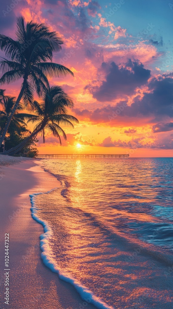 Poster a beautiful sunset over the ocean with a palm tree in the background