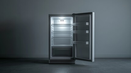 An empty refrigerator stands open, revealing its barren interior. The sterile gray background heightens the sense of emptiness and desolation, emphasizing the lack of food and nourishment. 