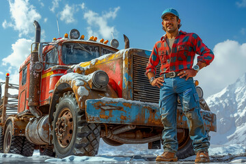 Obraz premium A man standing in front of an old truck in the snow
