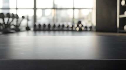  Black table top with gym background for product. Empty countertop mockup for sports nutrition or equipment. 