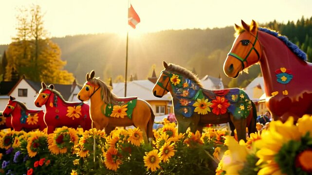 Tracking video of traditional swedish dala horses amidst wildflowers and a maypole during midsummer's eve, with side lighting