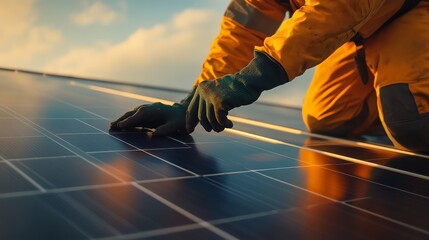 Obraz premium Worker cleaning solar panel under sunlight