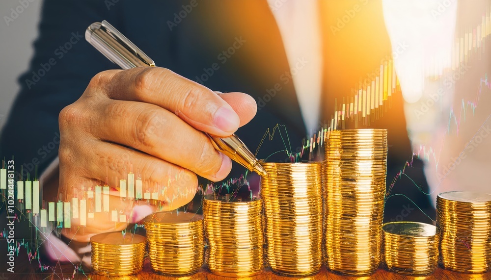 Wall mural a hand holding a pen next to stacked gold bars, with a stock market chart overlay. the image symboli