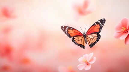 Obraz premium A butterfly emerging from its chrysalis, wings unfurling against a vibrant floral background, symbolizing the beauty and wonder of transformation.
