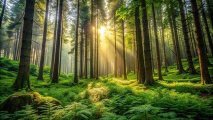 Obraz premium Lush dense forest with tall trees and glowing plants at a tilted angle