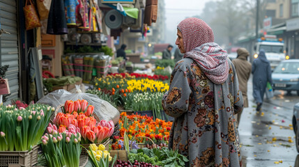 A woman standing in front of a flower market on a rainy day