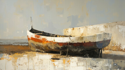 A painting of a boat sitting on top of a cement wall