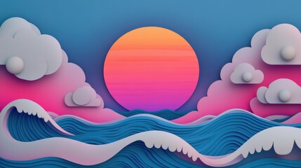 Majestic illustration of a majestic sunset over the ocean, showcasing vibrant hues and intricate patterns in the sky and waves.