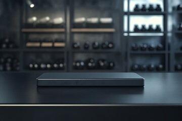  Black table top with gym background for product. Empty countertop mockup for sports nutrition or equipment. 