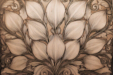 Ornamental pattern with leaf motif in warm and light brown tones.