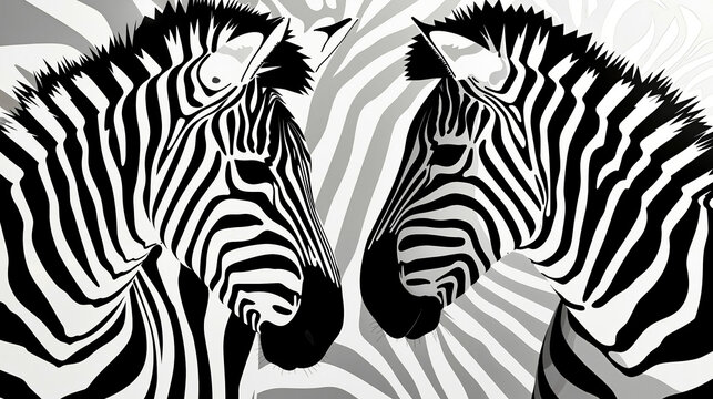 Two zebras standing next to each other in front of a zebra print background