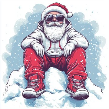 Urban Santa Claus illustration. T-shirt design with modern Santa in sunglasses wearing oversized hoodie, red sports pands, red sneakers, sitting on top of a snow bank. Funny card, poster, banner