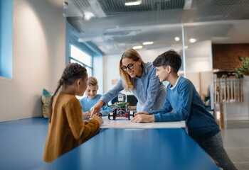 A teacher and three students are gathered around a robot toy on a blue table in a classroom.
