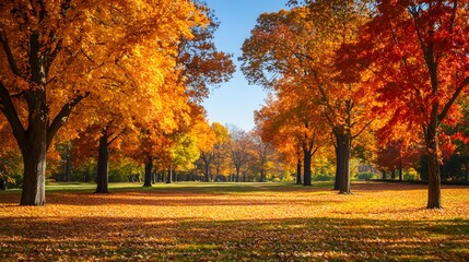 Golden and Red Autumn Trees in a Park