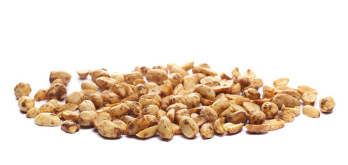 Spicy hot, chilli peanuts pile isolated on white background, side view
