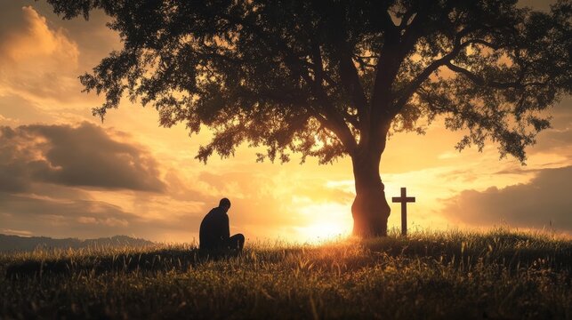 Praying man under tree wields cross.