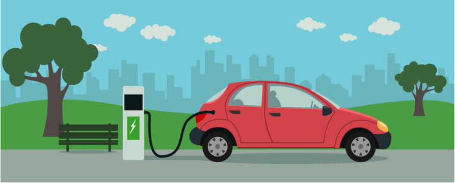 Illustration vectorielle repr&eacute;sentant une voiture &eacute;lectrique avec sa prise de courant. Concept de protection de l'environnement et d'&eacute;nergie propre	