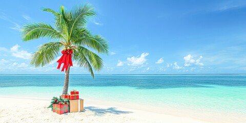 A tropical beach setting with a single palm tree decorated with Christmas presents beneath