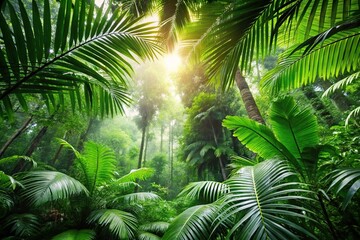 Fototapeta premium Lush green foliage in tropical jungle from low angle view