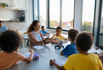 A teacher instructs a group of students in a classroom setting, one of the students interacts with a small robot.