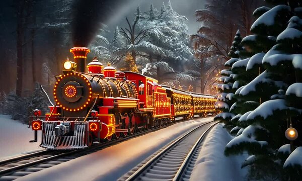 A red train with Christmas lights travels through a snowy forest.