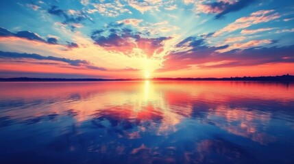 A vibrant sunset over a still lake, with clouds reflecting in th