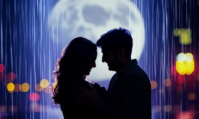 A romantic silhouette of a couple embracing in the rain with the full moon shining brightly in the background. Soft glow of street lights, rainy night intimate and passionate atmosphere - Powered by Adobe