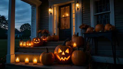 Conceptual image of a front door decorated for Halloween, featuring a wreath made of autumn leaves and a carved pumpkin on the steps.
