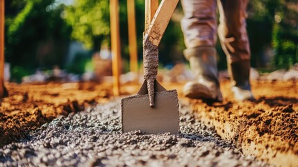 Naklejka premium Worker pouring concrete with shovel in construction site