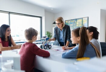 A woman is teaching a group of children about robotics, showing them how to build and program a small robot.