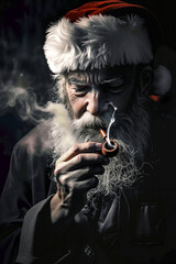 A man in a santa hat smoking a pipe