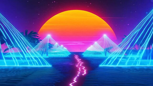 Synthwave disco aesthetic style on the beach	animation 4K