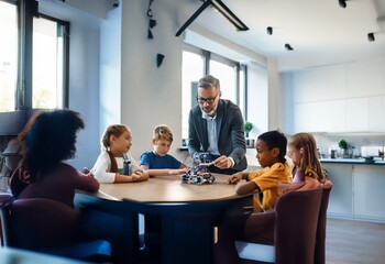 A teacher in a suit explains a robotics project to a diverse group of students sitting around a table.