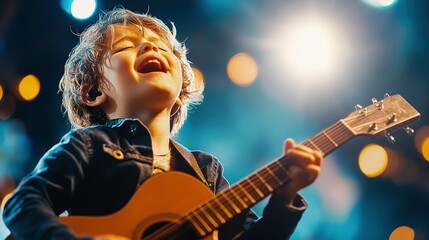 Obraz premium Young Boy Rocking the Stage: Confident Guitarist Singing at Talent Show under Bright Stage Lights