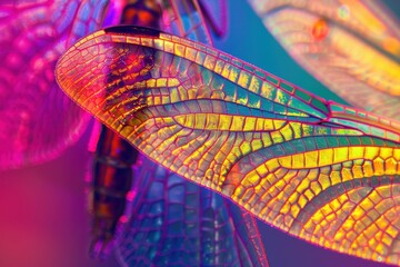A colorful wing of a butterfly with a rainbow pattern, generative ai image