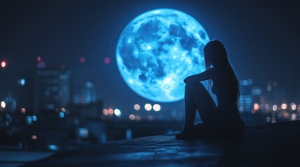 Fototapeta premium A contemplative figure gazes at a large blue moon over a city skyline at night.