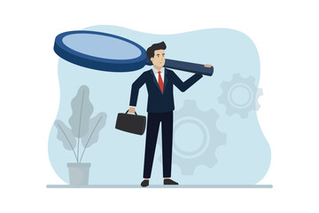 Business analysis. Businessman carrying magnifying glass. Business vector illustration.