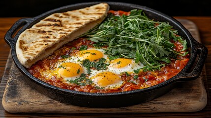 Huevos fritos en salsa de tomate con hojas de rúcula y pan, servidos en una sartén de hierro en un restaurante.

