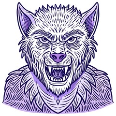 line drawing, werewolf portrait, illustration