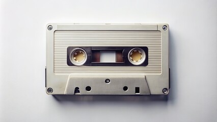 Obraz premium A vintage audio cassette set against a pristine white background embodies minimalism. This design evokes nostalgia, blending retro charm with a contemporary, clean aesthetic.